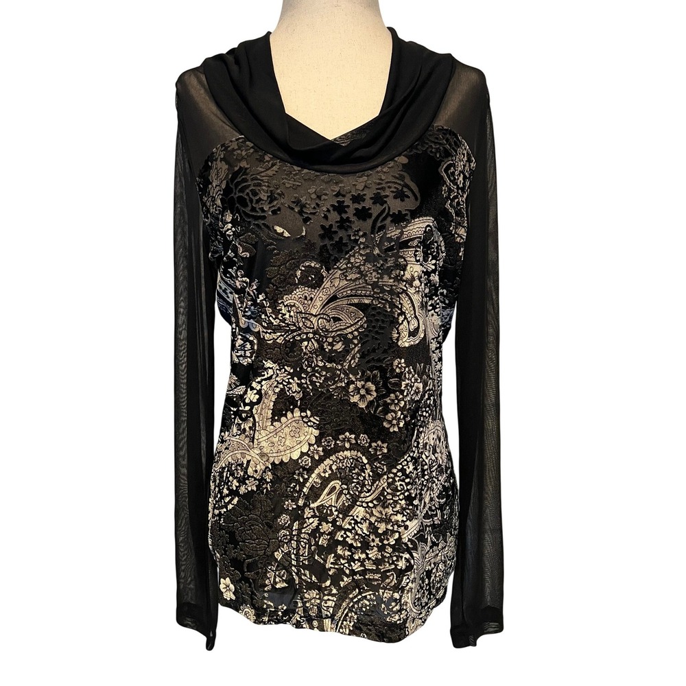 Mesh Velvet Burnout Paisley Long Sleeve Top Black Silver Whimsigoth Fairy Grunge